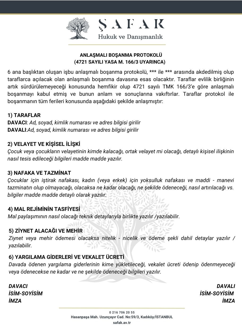 Anlaşmalı Boşanma Protokolü Örneği